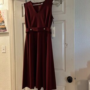 Calvin Klein Burgundy V-Neck Midi Dress with Belt
